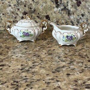 Lefton China hand-painted sugar bowl and creamer set in the Violet Chintz